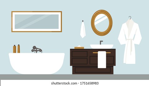 Modern bathroom. Deluxe hotel room, spa salon, suite.  Bath, sink, bathrobe, lights, towels, cosmetics, shampoo, mirror. Loft interior. Apartment  