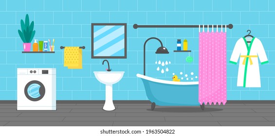 Modern bathroom design with bathtub, washbasin, bathrobe, washing machine and body accessories. vector illustration