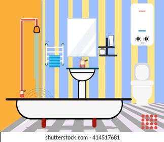 Modern bathroom. Bathroom flat illustration with toilet, sink. Vector banner bathroom. Sleek style vector illustration. minimalist style. Bathroom with bath, sink, battery. walls of the strip. modern