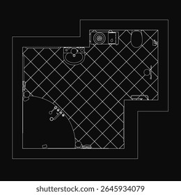 A modern bathroom floor plan with a sink, toilet, and shower, outlined in white against a dark background. The layout is clean and functional, ideal for interior design projects.
