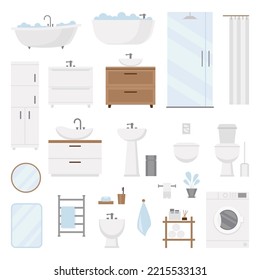 Modern bathroom furniture cartoon set. Bathtub, shower, washer, sink and toilet, racks and shelf for accessories, heated towel rail, interior mirror isolated on white background. Vector illustration