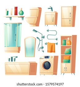 Modern bathroom furniture cartoon vector set illustrations. Bathtub, shower, washer, sink and toilet, racks and shelf for accessories, heated towel rail, interior mirror, isolated on white background