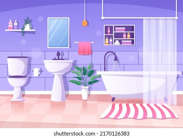 Modern Bathroom Furniture Interior Background Illustration with Bathtub, Faucet Toilet Sink to Shower and Clean up in Flat Color Style