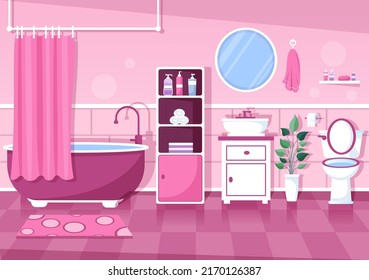 Modern Bathroom Furniture Interior Background Illustration with Bathtub, Faucet Toilet Sink to Shower and Clean up in Flat Color Style