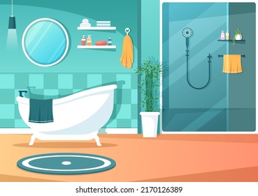 Modern Bathroom Furniture Interior Background Illustration with Bathtub, Faucet Toilet Sink to Shower and Clean up in Flat Color Style