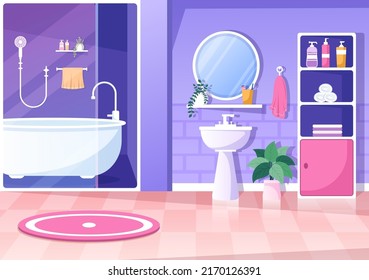 Modern Bathroom Furniture Interior Background Illustration with Bathtub, Faucet Toilet Sink to Shower and Clean up in Flat Color Style