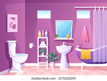 Modern Bathroom Furniture Interior Background Illustration with Bathtub, Faucet Toilet Sink to Shower and Clean up in Flat Color Style