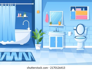 Modern Bathroom Furniture Interior Background Illustration with Bathtub, Faucet Toilet Sink to Shower and Clean up in Flat Color Style