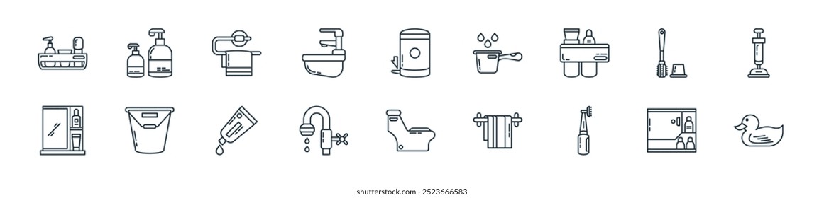 modern bathroom icon pack. perfect for linear ui designs featuring vector rubber duck, bathroom cabinet, electric toothbrush, towel hanger, toilet, faucet, toothpaste and more icons for mobile and