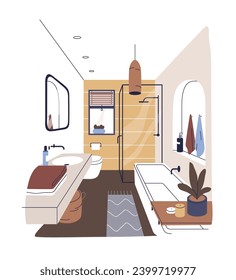 El diseño interior de las habitaciones es moderno. Habitación con cama, armario, planta de la casa, flores en jarrones, alfombra, puerta a baño. Mobiliario de diseño, decoración acogedora. Ilustración vectorial plana aislada en fondo blanco