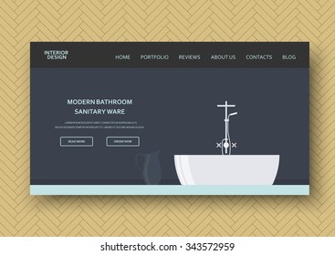 Modern bathroom interior with bath, sanitary ware and accessories in loft style. Flat design. Horizontal banner on wooden pattern background. Vector illustration, design elements, flat icons