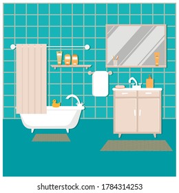 Modern bathroom interior with bathtub and furniture. Flat style vector illustration.