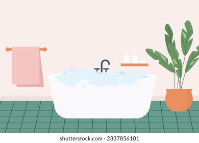 modern bathroom interior; bathtube with soap foam and  shelve with cosmetics, faucet, towel hanger,  houseplant - vector illustration