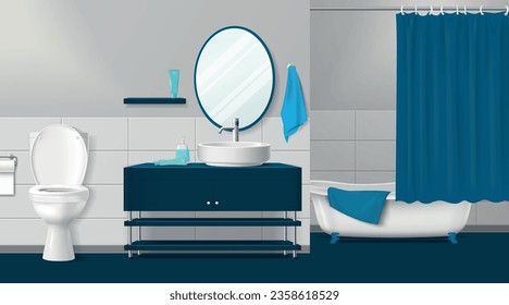 Modern bathroom interior in blue tones with white toilet bathtub wall mirror and accessories realistic vector illustration