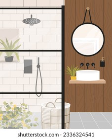 Modern bathroom interior concept. Bath near flowerpot with and round mirror. Comfort and coziness in apartment or home. Template, layout and mock up. Cartoon flat vector illustration