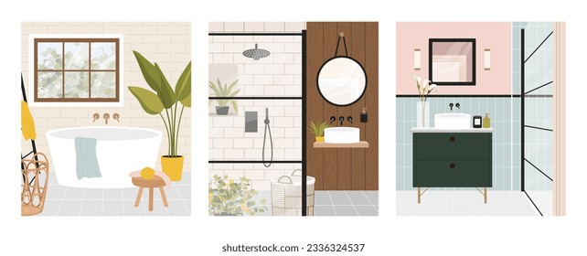 El moderno concepto del cuarto de baño. Habitaciones con mobiliario y decoración. Espejo y baño con ducha. Confort y comodidad. Colección vectorial plana de dibujos animados aislada en fondo blanco