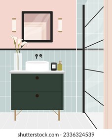 Modern bathroom interior concept. Table with wash basin and vase with flowers. Aesthetics and elegance. Comfort and coziness in home. Poster or banner. Cartoon flat vector illustration