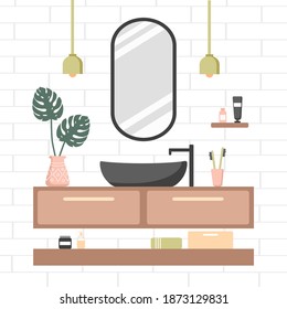 Modern bathroom interior. Cozy white room with oval mirror and black sink. Vector illustration in flat cartoon style.