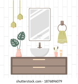 Modern bathroom interior. Cozy white room with mirror and vessel bowl. Vector illustration in flat cartoon style.