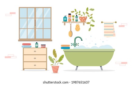 Modern bathroom interior. Cozy interior with a window and plants. Bathroom with furniture and bathroom accessories. Foam bath on a white background. Flat vector illustration.