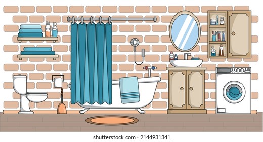 Modern bathroom interior decor. Bath, mirror and wash basin, tub and hygiene accessories, toilet bowl flat vector design