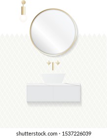 Modern bathroom interior design. Circle mirror, wash-basin, cabinet, ceramic tiles. Vector illustration EPS 10