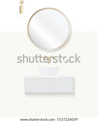 Modern bathroom interior design. Circle mirror, wash-basin, cabinet, ceramic tiles. Vector illustration EPS 10