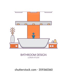 Modern bathroom interior design in linear flat style. Concept of apartment with utensils, furniture and interior decor. Perfect for website banners and promotional materials.