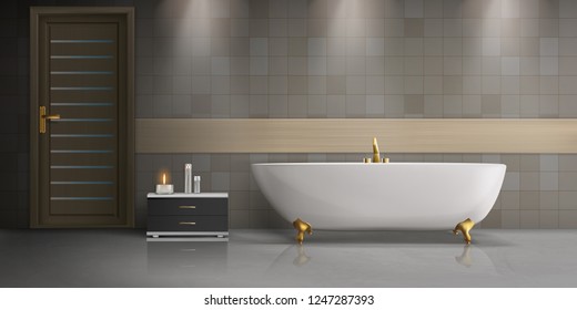 Modern bathroom interior design realistic vector mockup with white, ceramic freestanding bathtub with golden metal or brass faucet and feet, marble floor, tiles on wall and burning candle on drawer