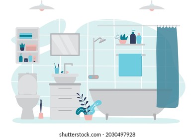 Modern bathroom interior design. Restroom with furniture. Shelves with cosmetics products. Bathtub with blue curtain. Sink with toothbrushes. Lavatory with decor. Trendy flat vector illustration