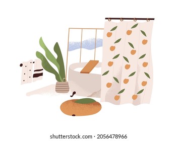 Modern bathroom interior design in Scandinavian style. Empty cozy home bath room with tub, bathtub tray, curtain, house plant and window. Flat vector illustration isolated on white background