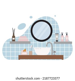 Modern bathroom interior design in Scandinavian style. Modern sink table, with a big mirror, beauty products and home plants. Flat vector illustration. Light blue time on the wall.