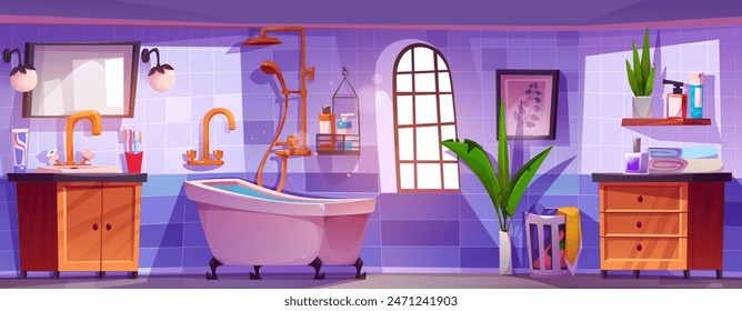 Modern bathroom interior design. Vector cartoon illustration of tiled room with bath, shower, sink and mirror, body care cosmetic bottles, towels, green plant on wooden shelf, daylight in window