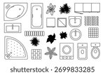 Modern bathroom interior elements vector set. Furniture outline top view. CAD drawings 
