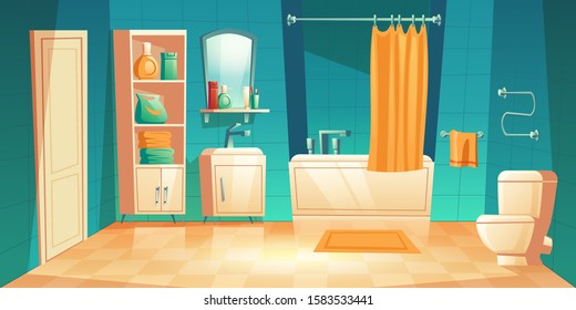 Modern bathroom interior with furniture cartoon vector illustrations. Bathtub, sink and toilet, racks and shelf for accessories, heated towel rail, mirror on blue tile wall, home background