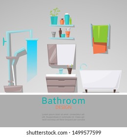 Modern bathroom interior with furniture in flat style vector illustration. Design modern sink bathroom with mirror, towels, showel bath and shelves with flower, toothbrush and gels.