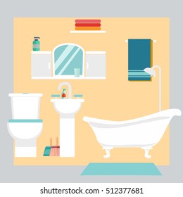 Modern bathroom interior with furniture in flat style. Design modern bathroom. Vector illustration