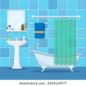 modern bathroom interior with furniture. Home Interior Objects - bath, square mirror, wash basin. Vector illustration in flat style