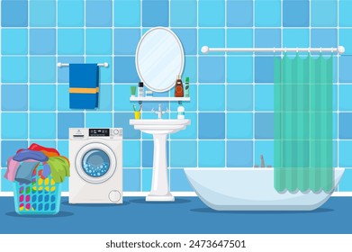 modern bathroom interior with furniture. Home Interior Objects - bath, square mirror, wash basin. Vector illustration in flat style