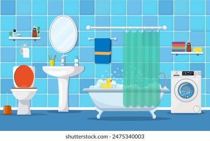 modern bathroom interior with furniture. Home Interior Objects - bath, square mirror, wash basin. Vector illustration in flat style