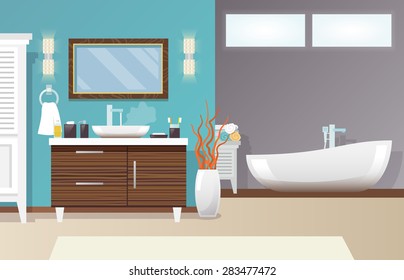 Modern bathroom interior with furniture and hygiene accessories flat vector illustration