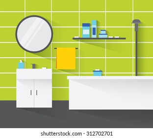 Modern bathroom interior. The interior of bathroom in green tones. Bathroom interior design with long shadows. Modern flat design illustration. Home interior objects.