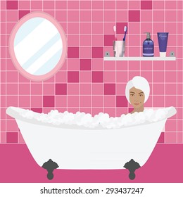 Modern bathroom interior with mirror, shelf and toiletries. Toiletries cream, soap, toothbrush with toothpaste. Girl with towel relax in bath with bubbles. Pink bathroom