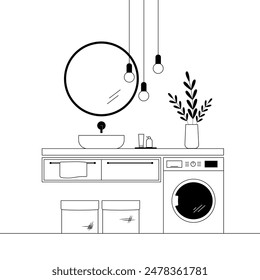 Modern bathroom interior with mirror, vessel sink, washing machine. Vector illustration. Line art