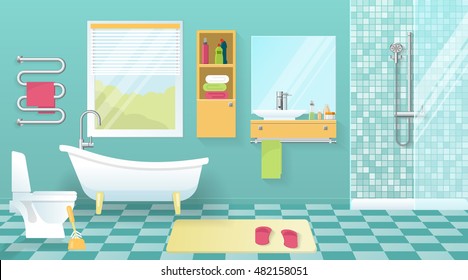 Modern bathroom interior with sanitary equipment yellow furniture window blue walls and tiled floor vector illustration