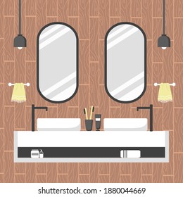 El cuarto de baño es moderno, con un estilo escandaloso. Habitación acogedora con dos espejos ovalados y lavabos blancos. Ilustración vectorial al estilo de las caricaturas planas.