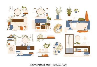 Modern Bathroom Interior Set In Modern Style. Cozy Bathroom With Washbasin, Shower Cabin, Bathtub, Shelves And Accessories. Flat Cartoon Vector Illustration. Isolated On White Background. 