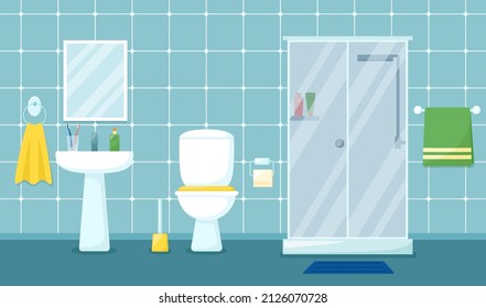 Modern bathroom interior with shower cabin, sink, mirror and toilet, vector illustration