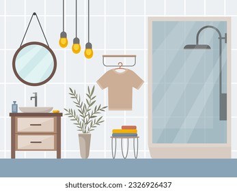 Modern bathroom interior with shower cabin, mirror and sink, accessories: shampoo, shower gel, soap, potted plant, shelf, stool with towels. Bathroom lighting. Vector illustration in flat style.