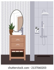 Modern bathroom interior. Shower, mirror and cabinet. Monochrome colors.
